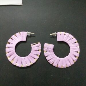 Gold Tone Light Purple Raffia Wrapped Hoop Statement Earrings